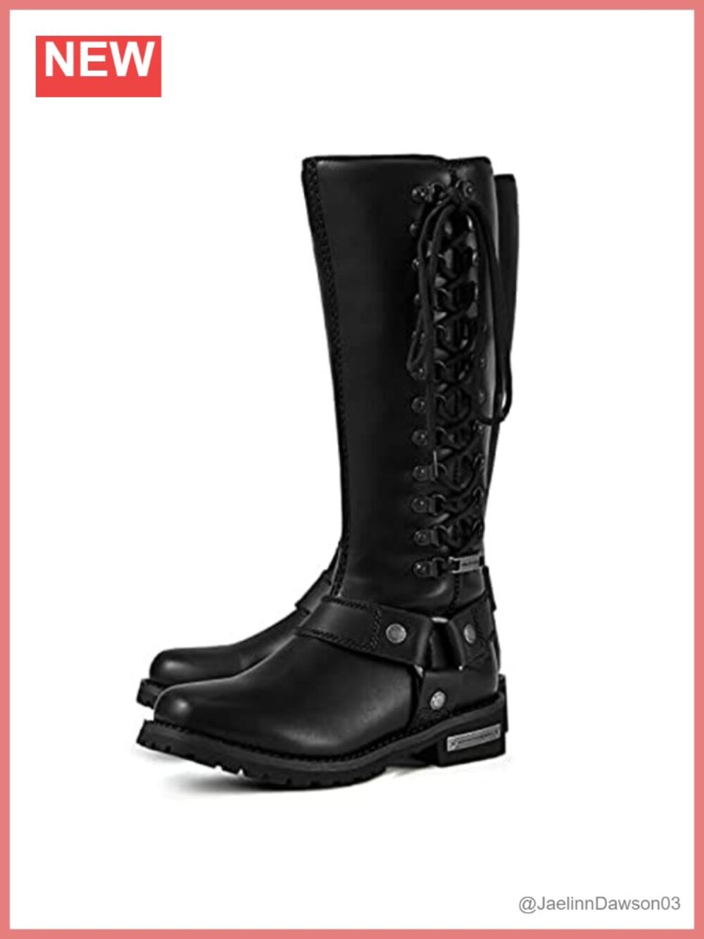 Women's Square Toe Lace Up Knee High Motorcycle Riding Boots with Side Zipper,